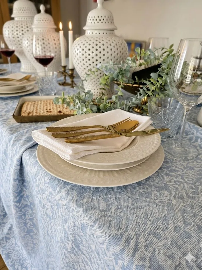 מפת שולחן עבה כבדה ויוקרתית גקארד תכלת עלים